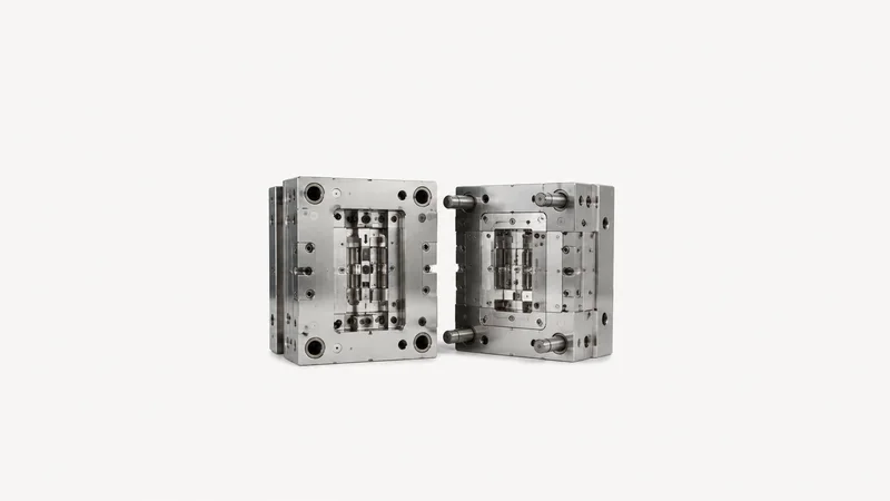 Isolated a set of polished injection-mould tooling halves centred on a seamless pale off-white studio background, generous empty margin on every side for overlaid branding