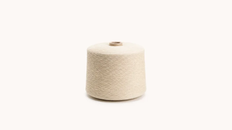 Isolated a wound bobbin of undyed cotton yarn centred on a seamless pale off-white studio background, generous empty margin on every side for overlaid branding