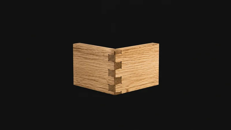 Isolated a hand-cut dovetail joint in oak centred on a seamless deep charcoal near-black studio background, generous empty margin on every side for overlaid branding