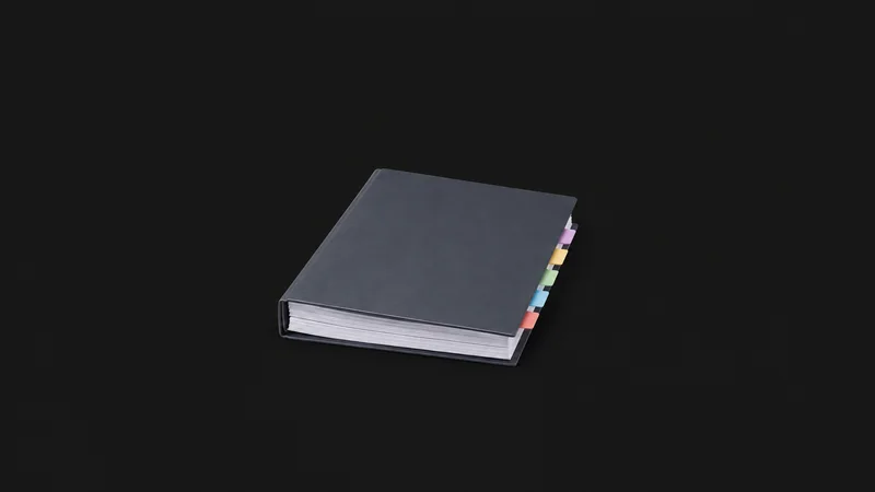 Isolated a bound audit file with coloured index tabs centred on a seamless deep charcoal near-black studio background, generous empty margin on every side for overlaid branding