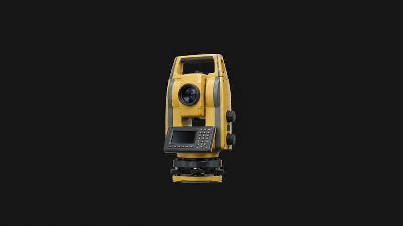 Isolated a surveyor's yellow total station mounted on a tripod head centred on a seamless deep charcoal near-black studio background, generous empty margin on every side for overlaid branding