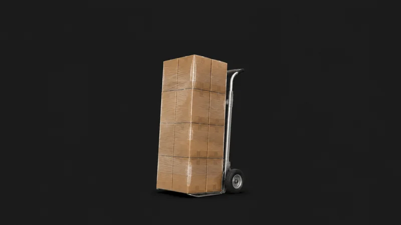 Isolated a stack of stretch-wrapped removal cartons on a hand truck centred on a seamless deep charcoal near-black studio background, generous empty margin on every side for overlaid branding