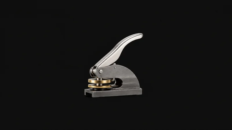 Isolated an embossing seal press with its brass die centred on a seamless deep charcoal near-black studio background, generous empty margin on every side for overlaid branding