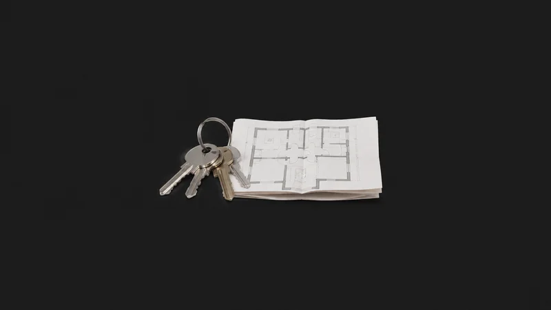 Isolated a set of house keys on a plain steel ring beside a folded floor plan centred on a seamless deep charcoal near-black studio background, generous empty margin on every side for overlaid branding