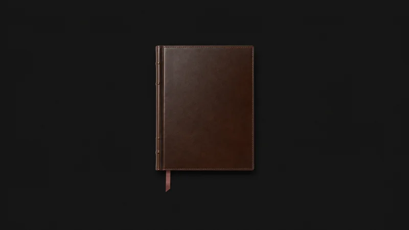 Isolated a leather-bound blank portfolio ledger with a ribbon marker centred on a seamless deep charcoal near-black studio background, generous empty margin on every side for overlaid branding