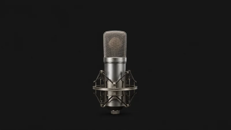 Isolated a studio condenser microphone on a shock mount centred on a seamless deep charcoal near-black studio background, generous empty margin on every side for overlaid branding