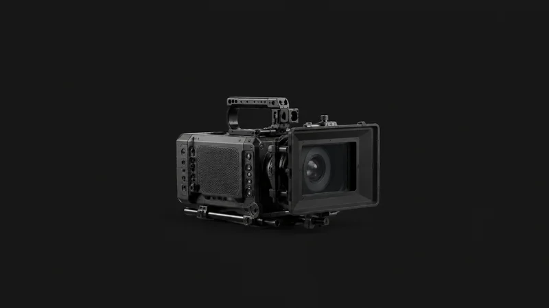 Isolated a cinema camera body with a matte-box hood centred on a seamless deep charcoal near-black studio background, generous empty margin on every side for overlaid branding