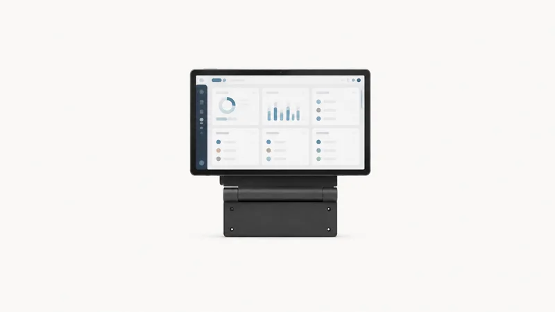 Isolated a wall-mount touch display on a folded stand centred on a seamless pale off-white studio background, generous empty margin on every side for overlaid branding