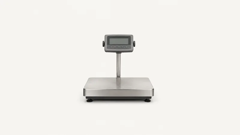 Isolated a shipping scale with a stainless platform centred on a seamless pale off-white studio background, generous empty margin on every side for overlaid branding