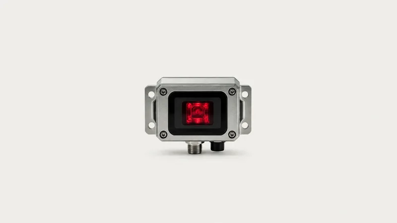 Isolated a fixed-mount industrial barcode reader in a metal housing with a red aperture centred on a seamless pale off-white studio background, generous empty margin on every side for overlaid branding