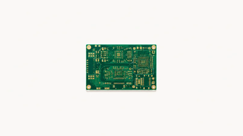Isolated a bare green circuit board with gold-plated pads centred on a seamless pale off-white studio background, generous empty margin on every side for overlaid branding