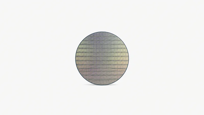 Isolated a bare eight-inch silicon wafer with a visible die grid centred on a seamless pale off-white studio background, generous empty margin on every side for overlaid branding