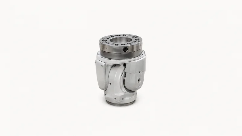 Isolated a six-axis robot wrist with a bare mounting flange centred on a seamless pale off-white studio background, generous empty margin on every side for overlaid branding