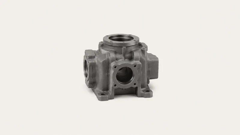Isolated a cast grey-iron gear housing fresh from the mould centred on a seamless pale off-white studio background, generous empty margin on every side for overlaid branding