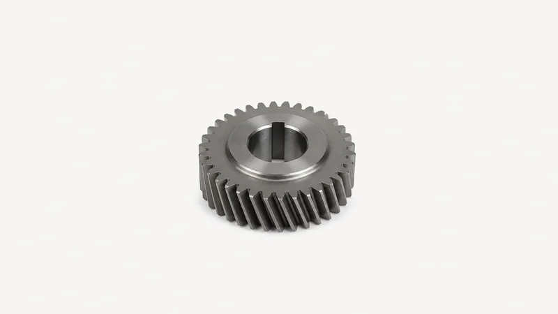 Isolated a large helical gear with a keyed bore centred on a seamless pale off-white studio background, generous empty margin on every side for overlaid branding