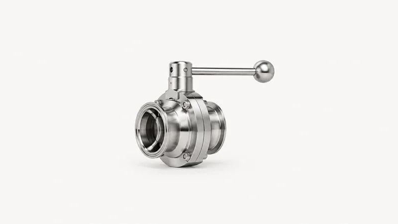 Isolated a stainless food-grade butterfly valve with a tri-clamp fitting centred on a seamless pale off-white studio background, generous empty margin on every side for overlaid branding