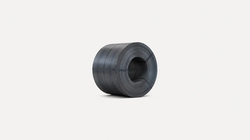 Isolated a coil of hot-rolled steel strip with blue-black mill scale centred on a seamless pale off-white studio background, generous empty margin on every side for overlaid branding