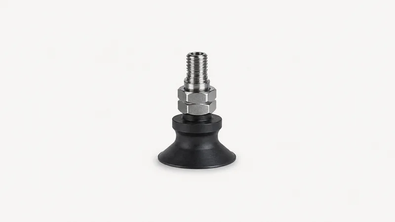 Isolated a rubber suction cup on a threaded pick-head stem centred on a seamless pale off-white studio background, generous empty margin on every side for overlaid branding