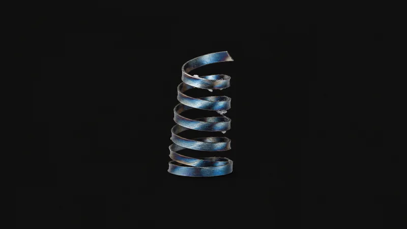 Isolated a ribbon of blue-tinted steel swarf coiled into a spring centred on a seamless deep charcoal near-black studio background, generous empty margin on every side for overlaid branding