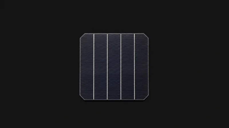 Isolated a monocrystalline solar cell wafer with silver busbar fingers centred on a seamless deep charcoal near-black studio background, generous empty margin on every side for overlaid branding