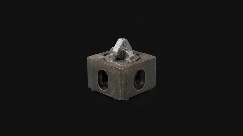 Isolated a corner casting of a shipping container with a twist-lock inserted centred on a seamless deep charcoal near-black studio background, generous empty margin on every side for overlaid branding