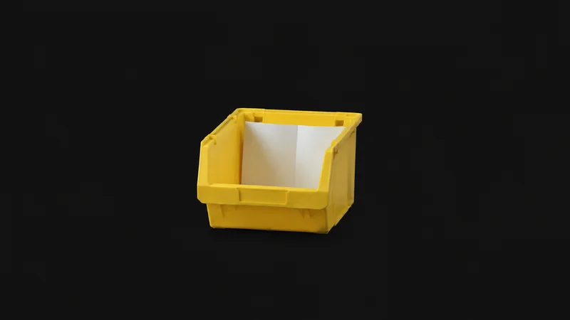 Isolated a yellow plastic pick tote with a folded blank pick list inside centred on a seamless deep charcoal near-black studio background, generous empty margin on every side for overlaid branding