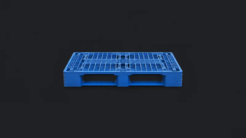 Isolated a blue plastic euro pallet with moulded skid runners centred on a seamless deep charcoal near-black studio background, generous empty margin on every side for overlaid branding