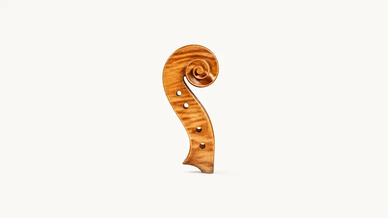 Isolated a carved maple violin scroll with the peg box drilled centred on a seamless pale off-white studio background, generous empty margin on every side for overlaid branding