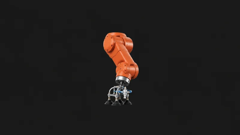 Isolated an orange articulated robot arm wrist joint fitted with a vacuum suction end effector centred on a seamless deep charcoal near-black studio background, generous empty margin on every side for overlaid branding