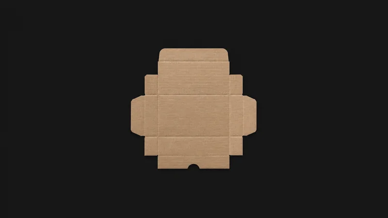 Isolated a die-cut corrugated blank with scored fold lines centred on a seamless deep charcoal near-black studio background, generous empty margin on every side for overlaid branding