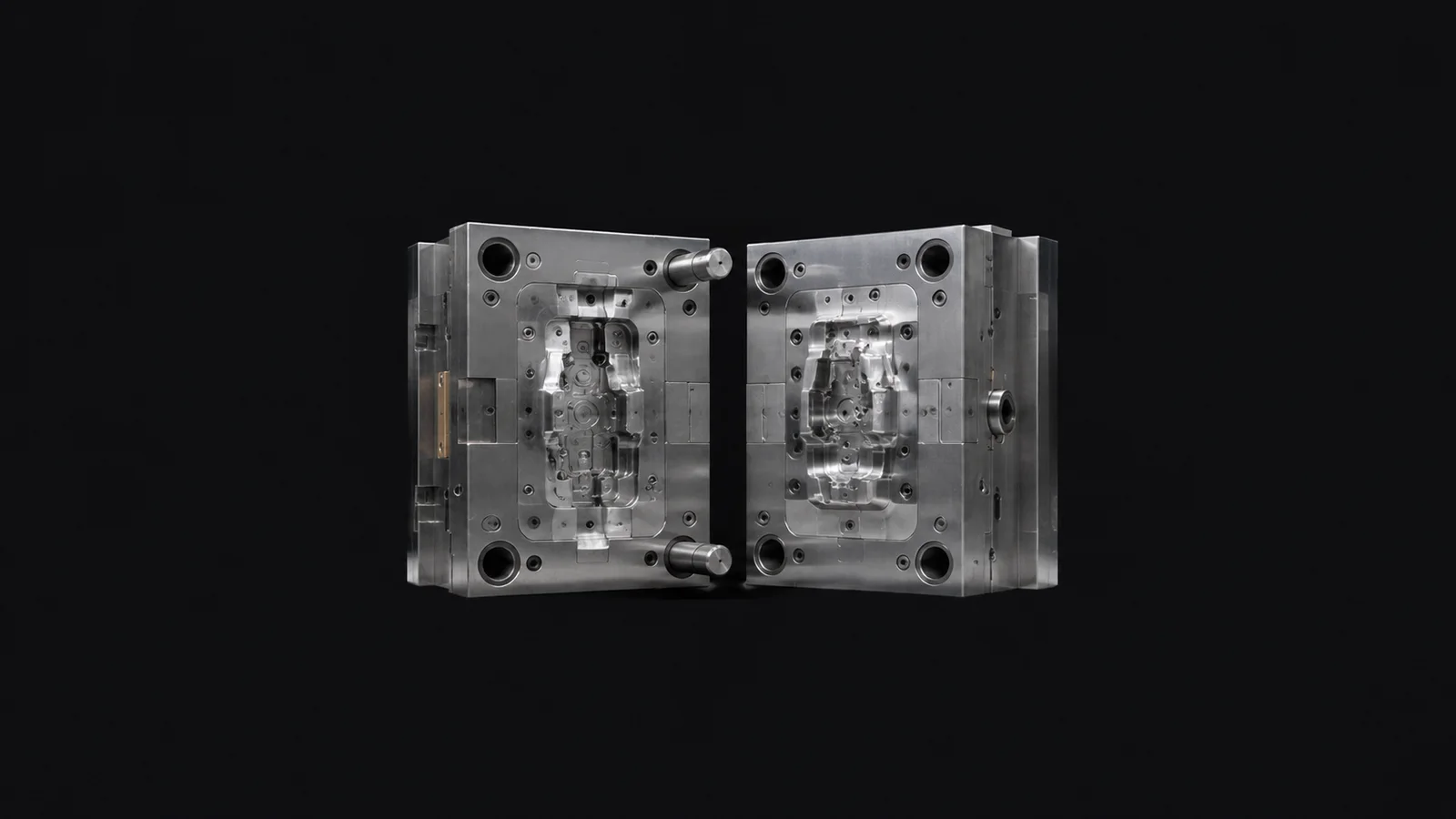 Isolated a set of polished injection-mould tooling halves centred on a seamless deep charcoal near-black studio background, generous empty margin on every side for overlaid branding