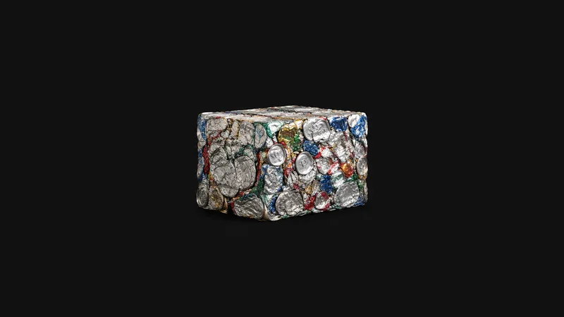 Isolated a compressed bale of crushed aluminium drink cans centred on a seamless deep charcoal near-black studio background, generous empty margin on every side for overlaid branding