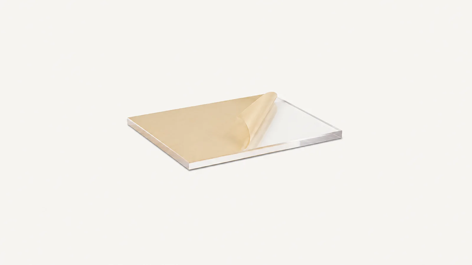 Isolated a sheet of cast acrylic with its protective film peeled back centred on a seamless pale off-white studio background, generous empty margin on every side for overlaid branding