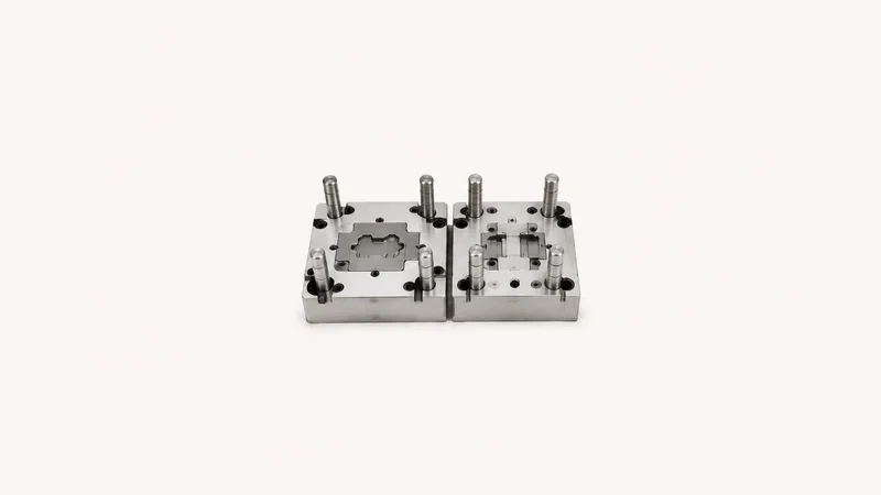 Isolated a pair of ground die blocks with dowel pins centred on a seamless pale off-white studio background, generous empty margin on every side for overlaid branding