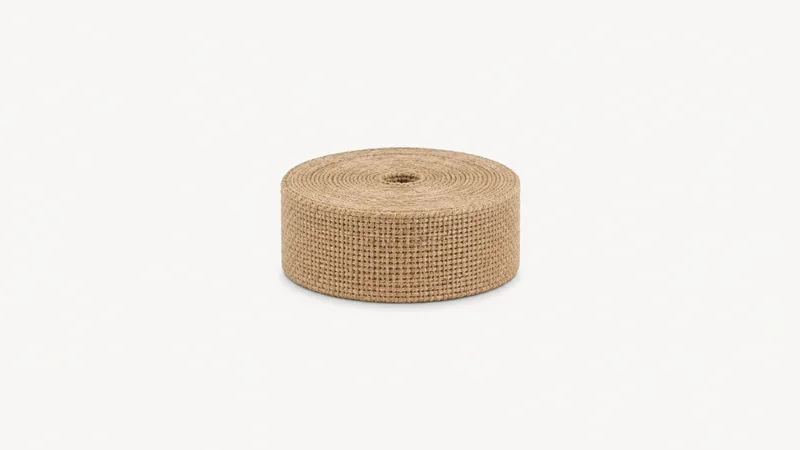 Isolated a roll of jute upholstery webbing centred on a seamless pale off-white studio background, generous empty margin on every side for overlaid branding