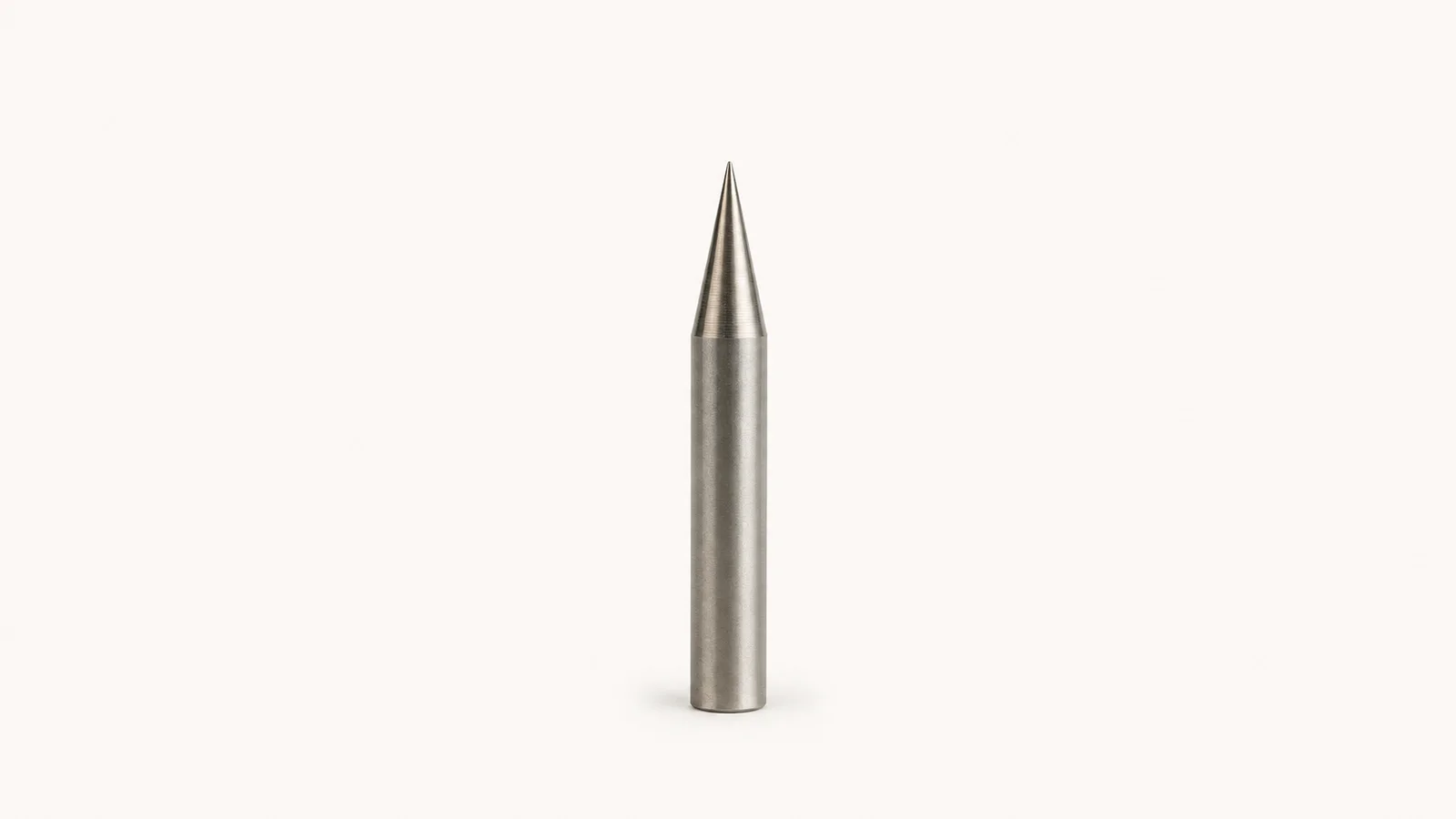 Isolated a tungsten electrode with a ground point centred on a seamless pale off-white studio background, generous empty margin on every side for overlaid branding