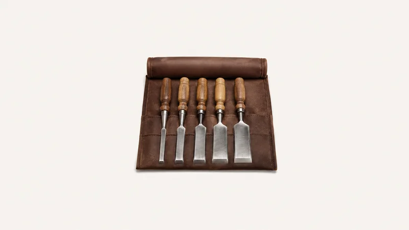 Isolated a set of bevel-edged chisels on a leather roll centred on a seamless pale off-white studio background, generous empty margin on every side for overlaid branding