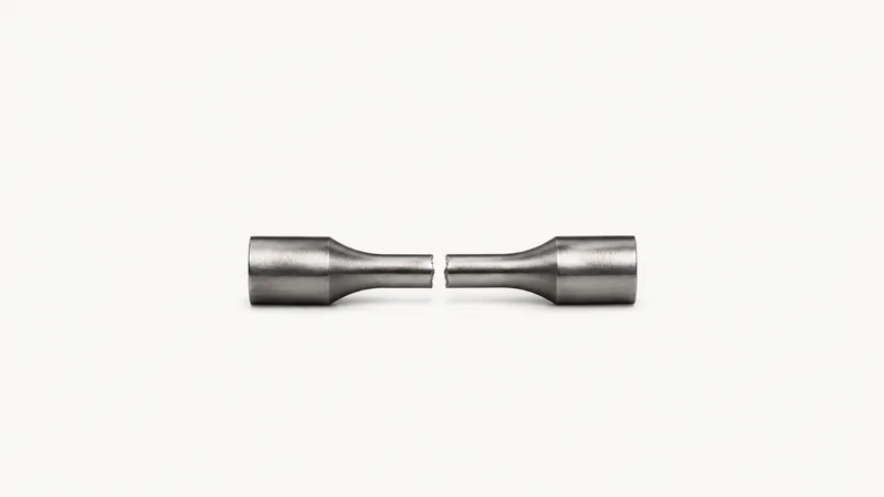 Isolated a machined steel test coupon with a fractured neck centred on a seamless pale off-white studio background, generous empty margin on every side for overlaid branding