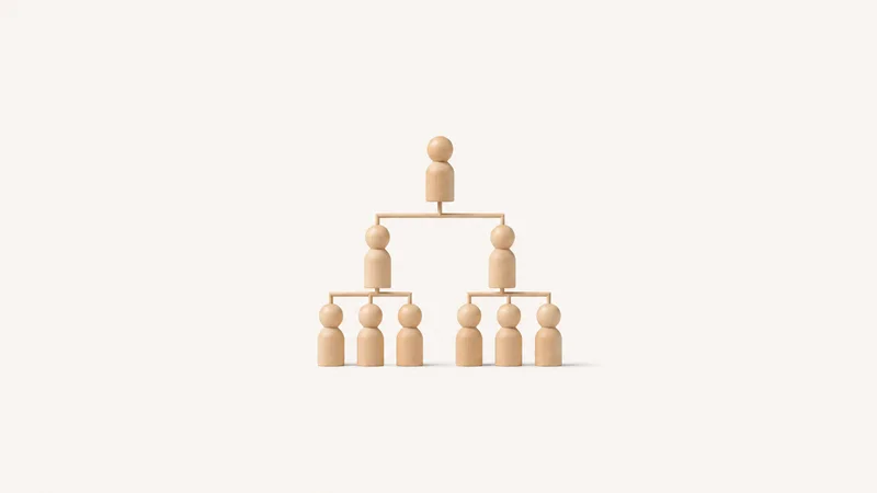 Isolated a set of wooden peg figures arranged in a hierarchy tree centred on a seamless pale off-white studio background, generous empty margin on every side for overlaid branding