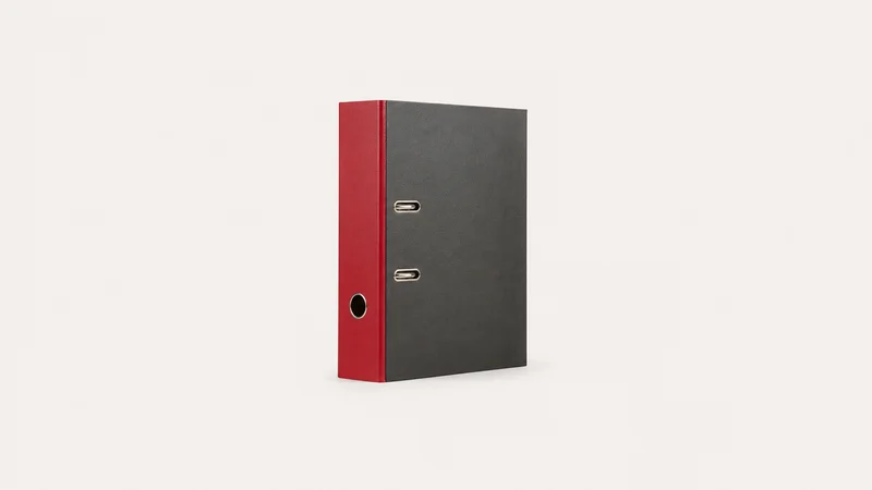 Isolated a lever-arch policy file with a red spine centred on a seamless pale off-white studio background, generous empty margin on every side for overlaid branding
