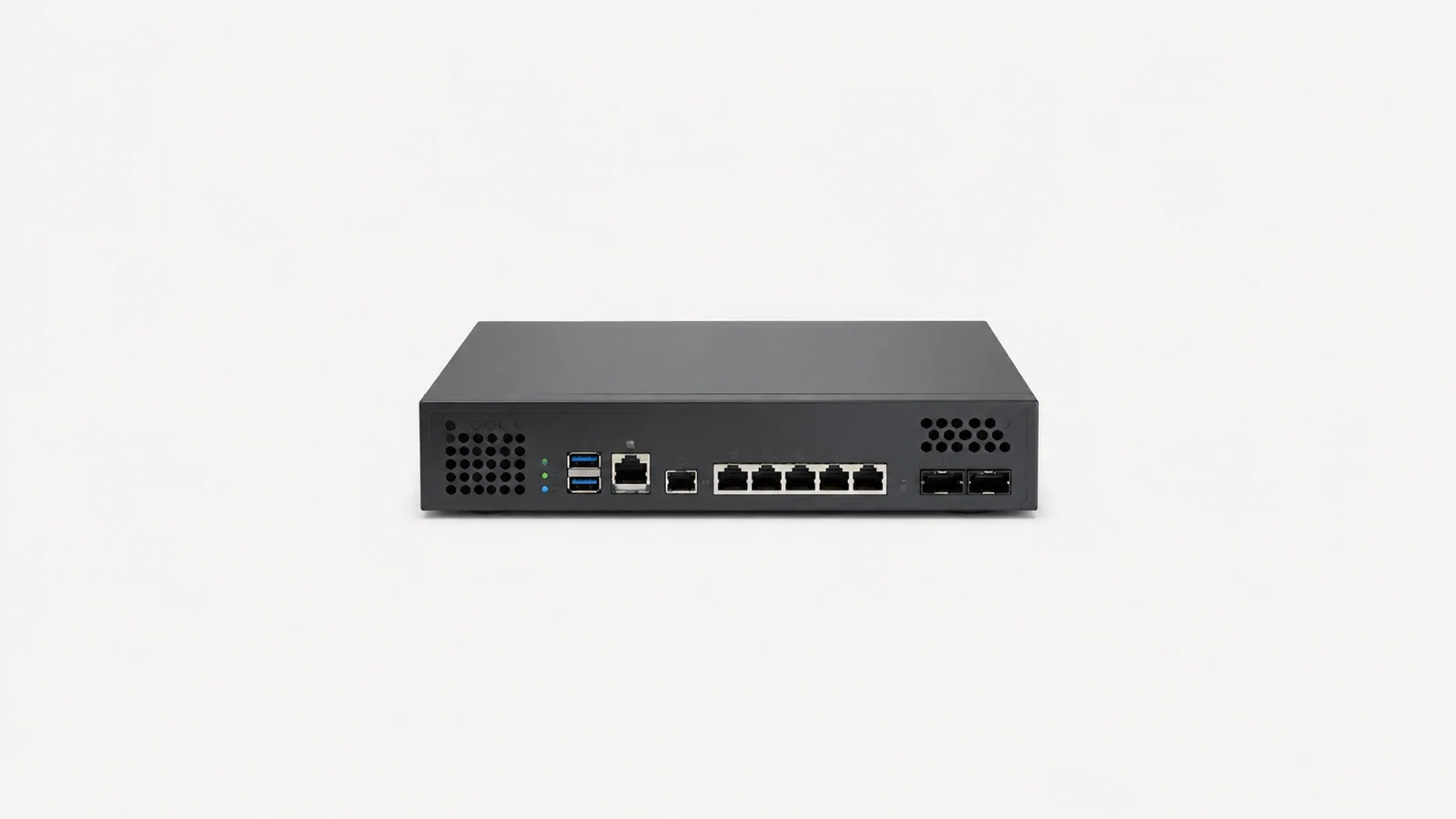 Isolated a small-business firewall appliance with labelled ports centred on a seamless pale off-white studio background, generous empty margin on every side for overlaid branding