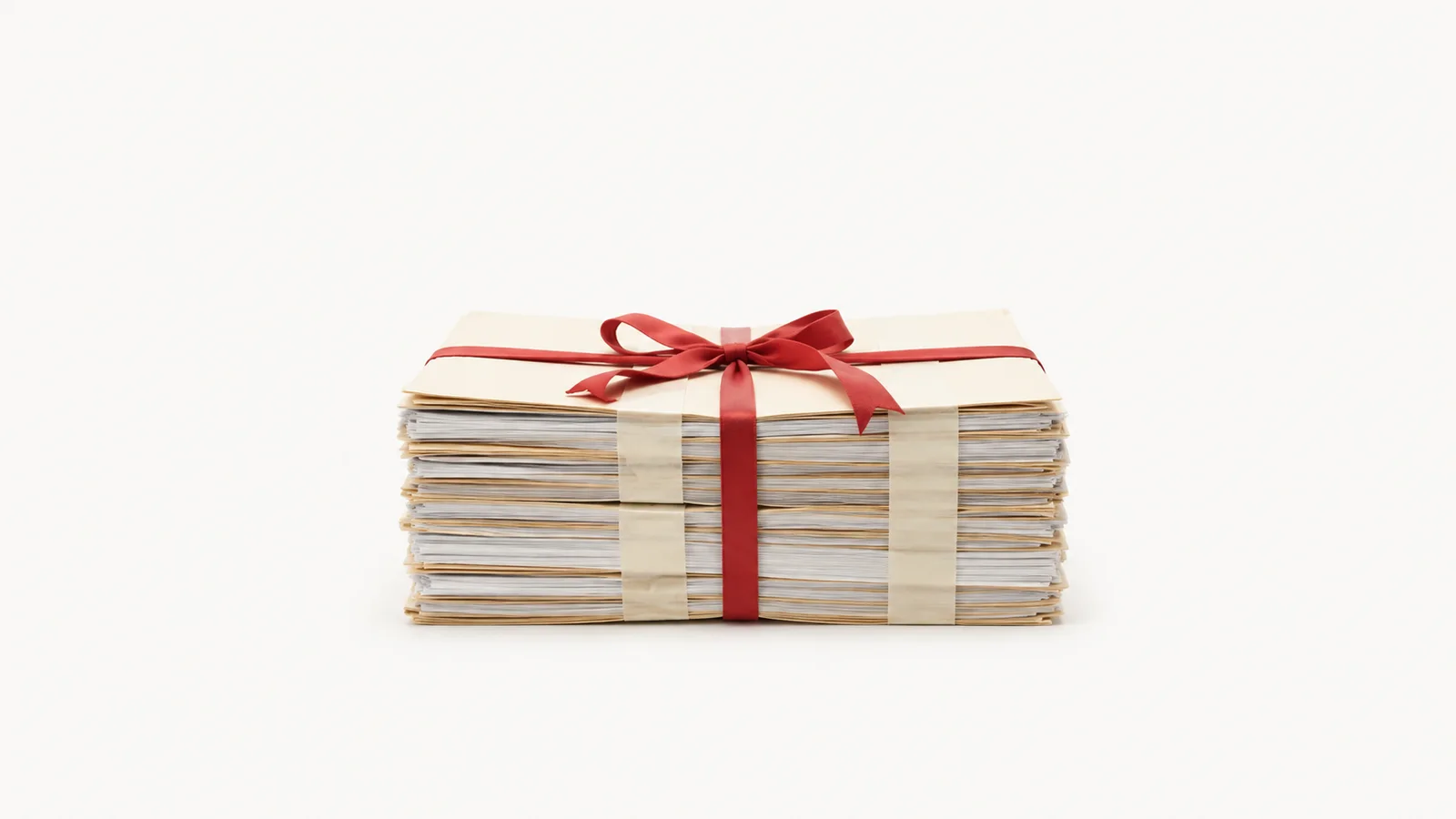 Isolated a red-ribboned brief bundle tied with legal tape centred on a seamless pale off-white studio background, generous empty margin on every side for overlaid branding