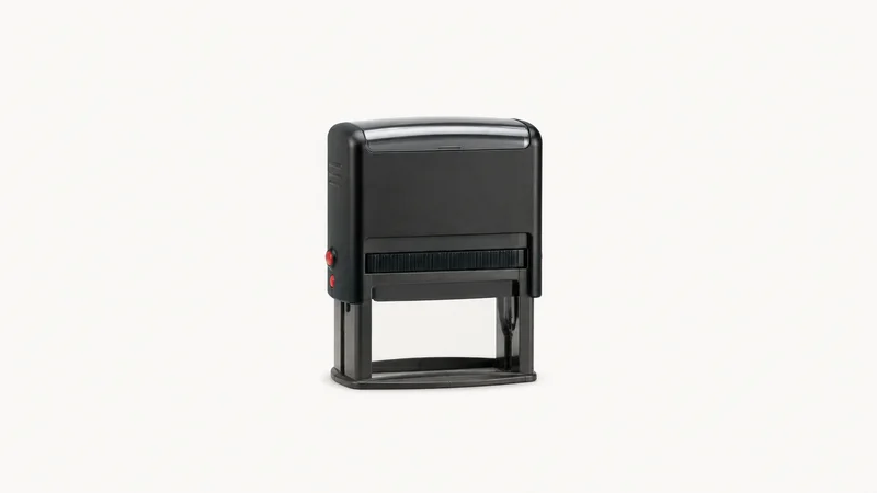 Isolated a self-inking notary stamp standing on its rubber base centred on a seamless pale off-white studio background, generous empty margin on every side for overlaid branding