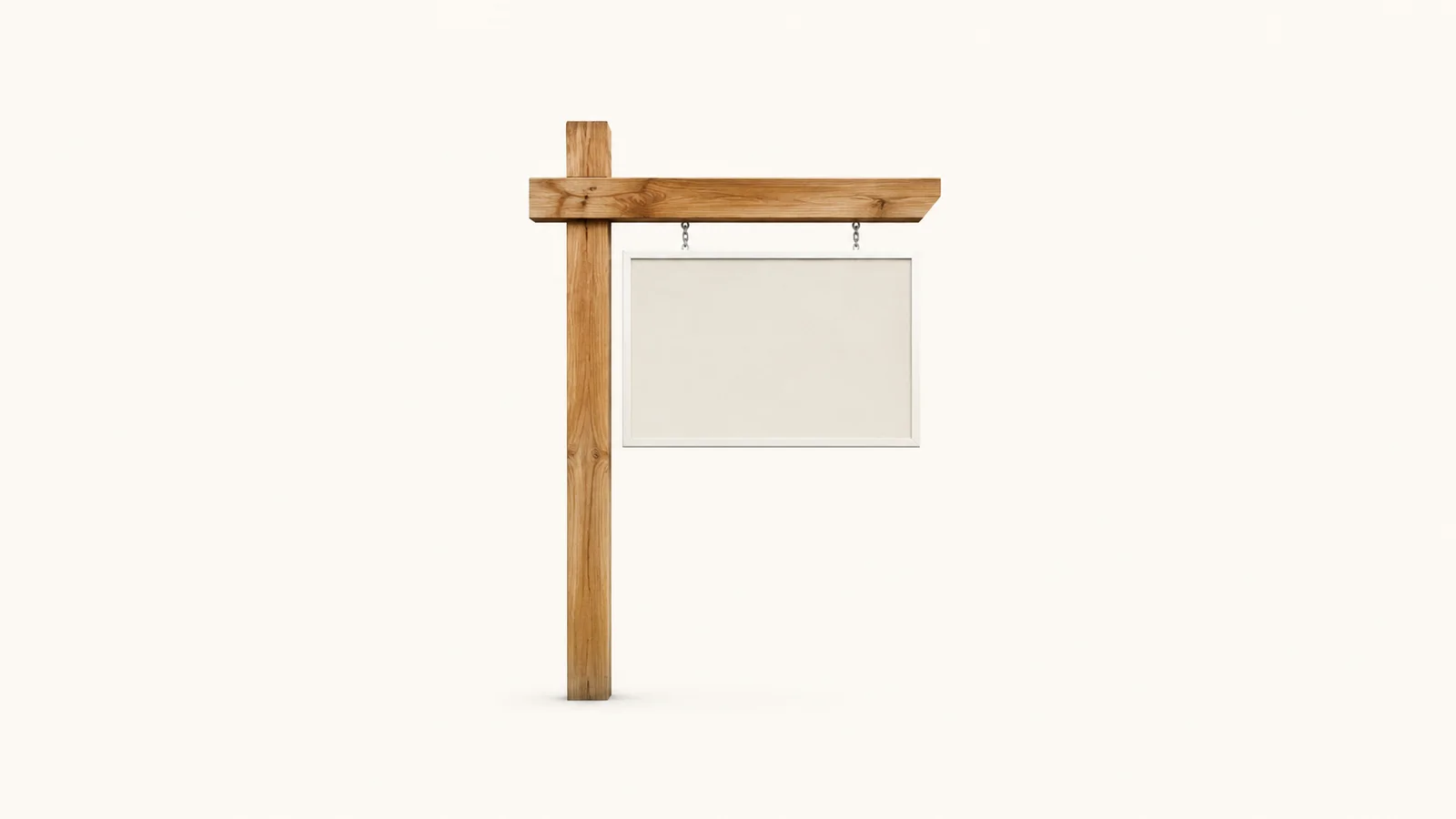 Isolated a blank for-sale sign board on a wooden post centred on a seamless pale off-white studio background, generous empty margin on every side for overlaid branding
