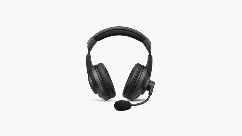 Isolated an interpreter's over-ear headset with a boom microphone centred on a seamless pale off-white studio background, generous empty margin on every side for overlaid branding
