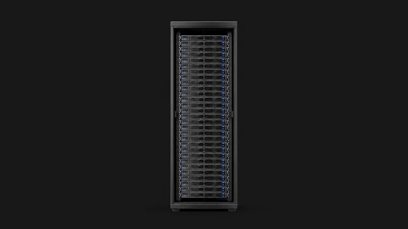 Isolated a 42U rack of 1U servers with blue status LEDs centred on a seamless deep charcoal near-black studio background, generous empty margin on every side for overlaid branding