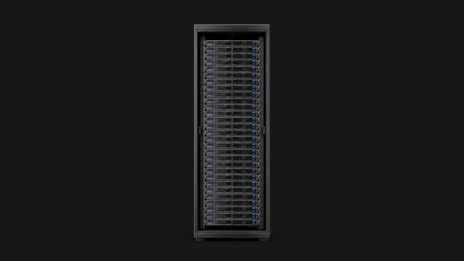 Isolated a 42U rack of 1U servers with blue status LEDs centred on a seamless deep charcoal near-black studio background, generous empty margin on every side for overlaid branding