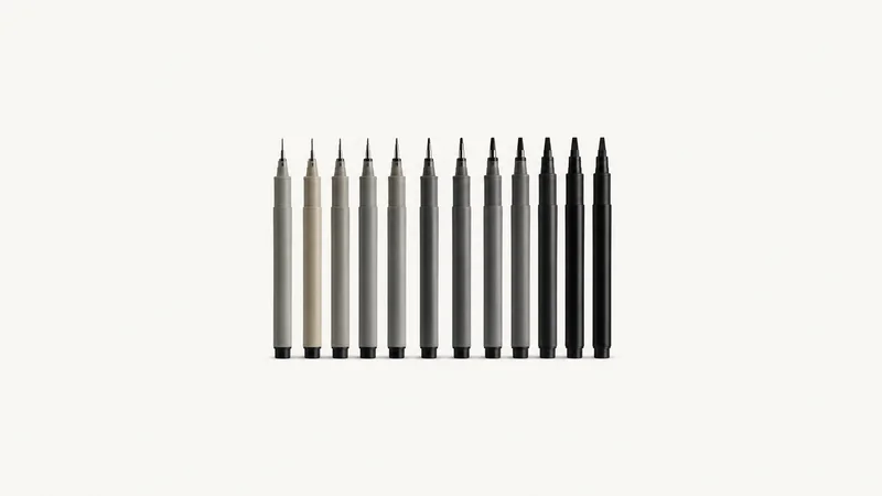 Isolated a set of technical fineliner pens graded by nib width centred on a seamless pale off-white studio background, generous empty margin on every side for overlaid branding