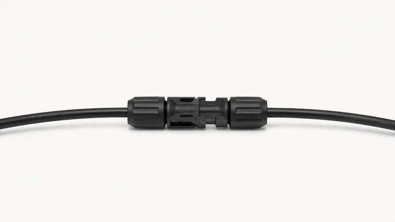 Isolated a pair of mated MC4 connectors on a length of cable centred on a seamless pale off-white studio background, generous empty margin on every side for overlaid branding