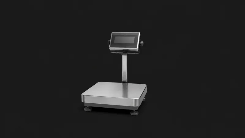 Isolated a shipping scale with a stainless platform centred on a seamless deep charcoal near-black studio background, generous empty margin on every side for overlaid branding